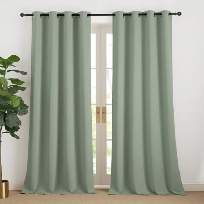 Afbeelding van NICETOWN Thermische raamgordijnen, gordijnen met ogen, blokkeert licht, uv bescherming, voor decoratie van huis, slaapkamer, 140 cm breed x 240 cm, hoogte, saliegroen, 2 stuks
