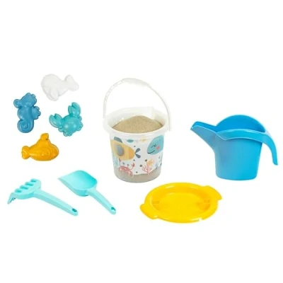 Afbeelding van Klein Toys Little Foot emmerset met gieter, zeef, hark, schep en speelfiguren gerecycled materiaal