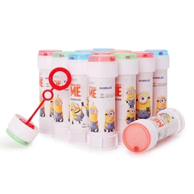 Afbeelding van Toyland® Lot de 12 bacs à bulles avec baguettes, solution 60 ml et couvercle labyrinthe fantaisie Jouets poche fête (Minion)