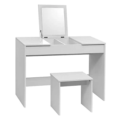 Afbeelding van WOLTU Make uptafel met spiegel, opvouwbaar, glanzend, kruk, 100 x 45 76 cm, wit, MB6047ws
