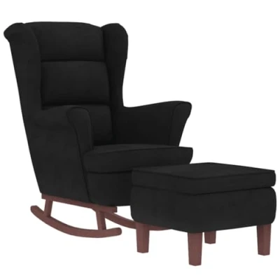 Image de vidaXL Chaise à bascule avec pieds en bois et tabouret Noir Velours3121236