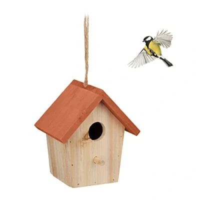 Afbeelding van Relaxdays vogelhuisje decoratie oranje dak hangend touwtje vogelhuis tuin balkon