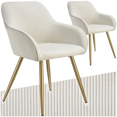 Afbeelding van tectake® Stoel Gestoffeerde woonkamerstoel met cordlook/ribstof Designstoel, loungestoel Draagvermogen tot 120kg Set van 2 Div kleuren creme/goud