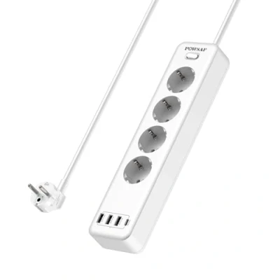 Afbeelding van POWSAF Dit is een 4 voudige strip met USB poorten, maximaal vermogen van 4000W en 16A. Inclusief C stekker, wit.