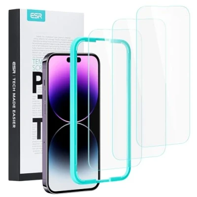 Afbeelding van ESR 3 stuks displaybeschermfolie compatibel met iPhone 14 Pro Max, praktisch uitlijningsframe, militaire bescherming, extreem krasbestendig
