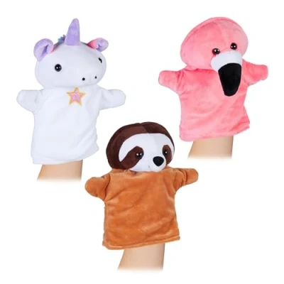 Afbeelding van Relaxdays handpoppen set van 3 poppenkast luiaard, eenhoorn &amp; flamingo kinderen
