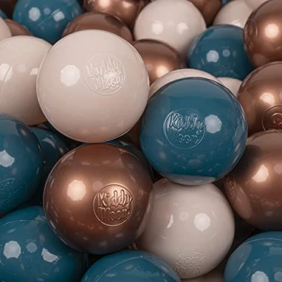 Afbeelding van KiddyMoon 200 ballen/7 cm kleurrijke plastic ballen voor zwembad kind baby made in EU, donker turkoois/pastelbeige/koper