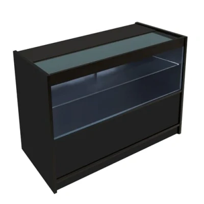 Afbeelding van Comptoir de Vente en MDF Noir LED Blancs Intégrés C1200 3 Étagères Portes Coulissantes Verouillables Rangement Commerciale Vitrine Verre Acceuil Réception Bureau Vêtements Bijoux [2 Clés INCLUS]