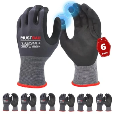 Afbeelding van Mustbau 6 paar werkhandschoenen met touchscreen, slijtvaste nitril handschoenen, uitstekende grip, geschikt voor tuinieren, mechanica, bouwplaats (grijs, S)