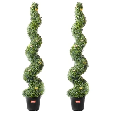 Afbeelding van VEVOR Kunstmatige buxus 152,4 cm hoog (2 stuks), spiraalvormbomen, kunstplant met bladeren en extra pot, UV geclassificeerde groene set voor woondecoratie