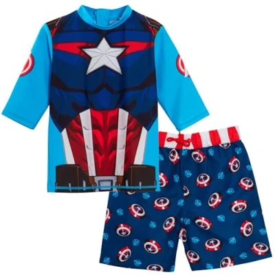 Afbeelding van Marvel Captain America zwemshorts + rashvest, 2 delige zwemset voor kinderen, surfshirt en surfshorts., Blauw