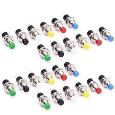 Afbeelding van GTIWUNG Set van 24 mini drukknopen, normaal, open (NO), 7 mm, rond, drukknoppen, SPST ON/OFF, 2 pinnen, 1 A, 250 V AC, voor hobby spoorwegmodel