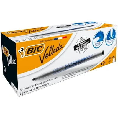 Image de BIC Velleda 1721 Feutres pour Tableau Blanc Effaçables à Sec Pointe Conique Fine Encre Noire, Boîte de 24