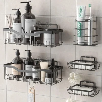 Afbeelding van OUSFOT Doucheplank zonder boren, 5 stuks, douchezeepbakje, doucheplank, voor keuken, badkamer, shampoohouder, zwart