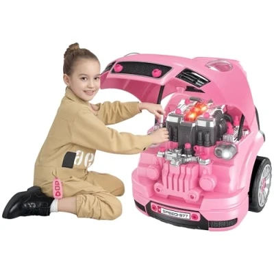 Afbeelding van HOMCOM Camion mécano 2 en 1 Jouet Bricolage Enfant Jeu d&#039;imitation mécanicien Nombreux Accessoires Total de 61 pièces Effets sonores et Lumineux Rose