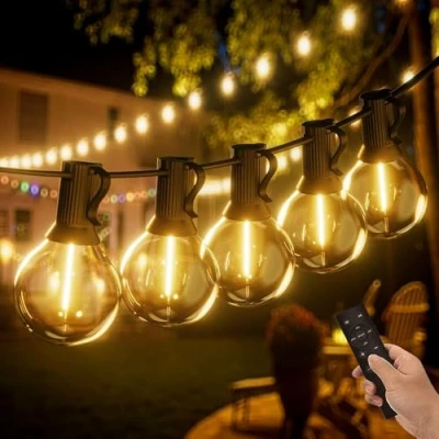Afbeelding van Yuucio Lichtsnoer voor buiten, afstandsbediening, 60 m, waterdicht, binnen, lichtketting met 104 kunststof G40 lampen, terras, feest, café, warm wit (2 x 30 m)