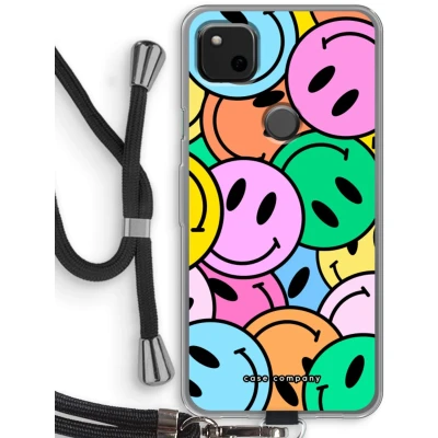 Afbeelding van Case Company® hoesje met Koord geschikt voor Google Pixel 4a Smiley N1 Telefoonhoesje Zwart Bescherming aan alle Kanten en Over de Schermrand