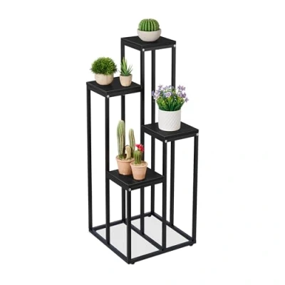 Afbeelding van Relaxdays Bloemtrap met 4 planken, ruimtebesparend, van staal en MDF, design bloemenrek, zwart, 100 x 40 cm (h b d)
