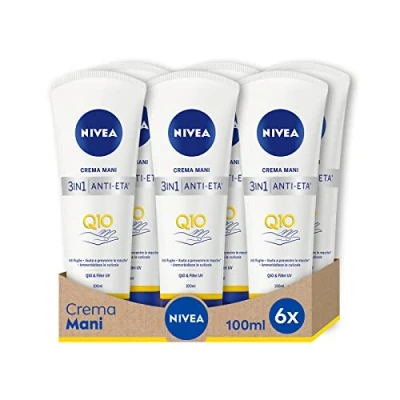Afbeelding van NIVEA anti aging handcrème Q10, rimpel en vlekbescherming, verpakking van 6 x 100 ml, hydraterende verrijkt met Q10 Complex, crème UV filters