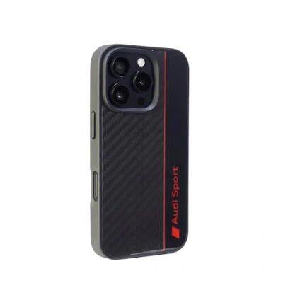 Afbeelding van Audi Sporthoes, compatibel met iPhone 16 Pro, schokabsorberende hoes precieze uitsparingen voor camera, aansluitingen en knoppen, zwart rode details