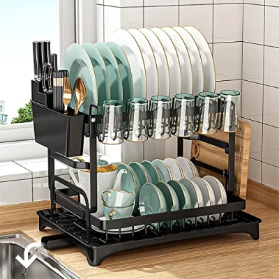 Afbeelding van Frasheng afdruiprek voor servies met afdruipplaat, keuken, zwart, 2 niveaus, automatische afvoer, van roestvrij staal