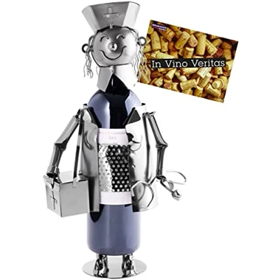 Afbeelding van BRUBAKER Wijnfles Houder Verpleegster metalen sculptuur fleshouder 23 cm wijn geschenk ook voor de gezondheid verpleegkundige met wenskaart Wijnrek