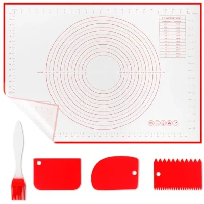 Afbeelding van WECUTE Siliconen bakmat met 3 schrapers, 1 borstels, 70 x 50 cm, antislip, bakmat, meetbaar, bakplaat, accessoires voor deeg (rood)