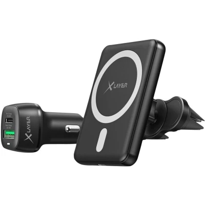 Afbeelding van XLayer Draadloze autohouder en oplaad starterset Magnetische voor ventilatierooster Inclusief autolader 1 x USB C PD 20W, QuickCharge 3.0 18W Wireless magnetic car charger set zwart