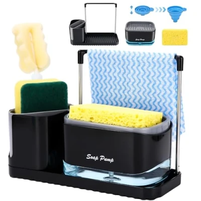 Afbeelding van Zwarte afwasmiddeldispenser, vloeibare zeepdispenser met sponshouder, 4 in 1, voor keukenspoelbak, badkamer