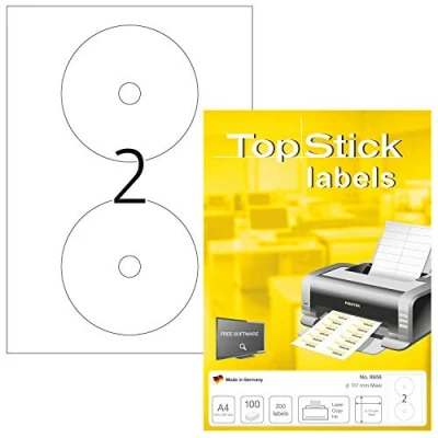 Afbeelding van TopStick 8656 CD DVD etiketten, Ø 117 mm, max. 2 per A4 vel, zelfklevend, bedrukbaar, mat, wit, 200 vellen