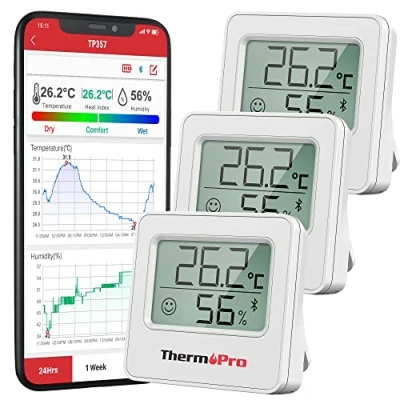 Afbeelding van ThermoPro TP357 3 Set van Bluetooth hygrometer 80 m voor gebruik binnenshuis met app digitale mini grafische smiley indicator binnen, kantoor, wijnkelder, stuks