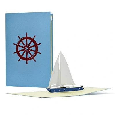 Afbeelding van B16 verjaardagskaart met 3D pop up zeilboot originele reisbon voor zeilen, zeilreizen