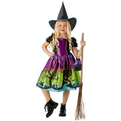 Afbeelding van Rubies Zwarte maan heksenkostuum voor meisjes, bedrukte jurk, hoed en tas, officiële Halloween, carnaval, verjaardag feest