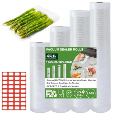 Afbeelding van Omtofo 4 rollen vacuümzakken 15/20/25/28 x 300 cm voor voedselvacuümverpakking, scheurvast, 150 µm, vacuümfolie iedereen