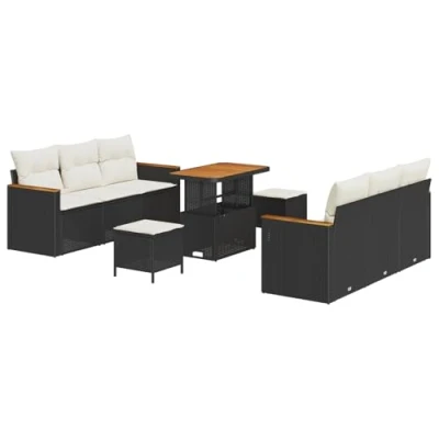 Afbeelding van vidaXL 9 Delige Tuin Sofa Set met Kussens Zwart Poly Rattan Acacia, 3 Eettafel Acacia