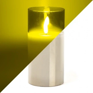 Afbeelding van LED kaars cedar bruin met rook grijs glas en vlam effect 7,5 x 15cm voor binnen