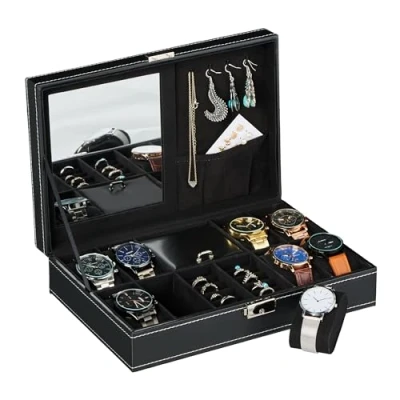 Afbeelding van Relaxdays horlogebox voor 8 horloges zwarte sieradendoos fluweel horlogedoos dames