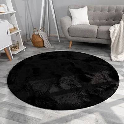 Afbeelding van TT Home Shaggy tapijt, hoogpolig, pluche, effen, modern, kleur: zwart, afmetingen: 80 cm, rond