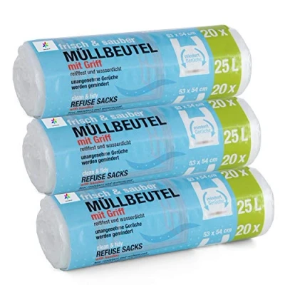 Afbeelding van 3 x 20 stuks vuilniszakken 25 liter Premiumline bijzonder scheurvast en waterdicht met draaggreep / handvat afmetingen 53 54 cm