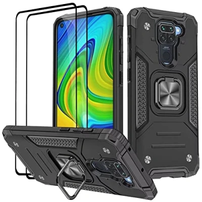 Afbeelding van KANSI beschermhoes compatibel voor Xiaomi Redmi Note 9, gehard glas, 2 stuks, TPU siliconen, 360 graden draaibaar, magneetsluiting, ringhouder, dubbele verdediging,