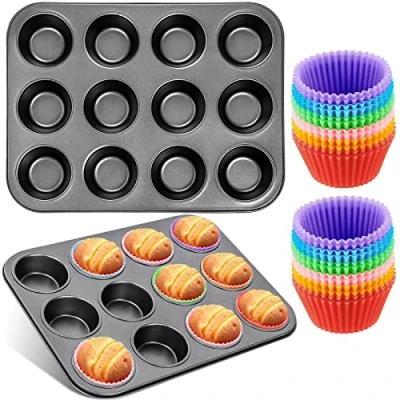 Afbeelding van Bakplaat voor muffins, 2 stuks muffinvormbak 12 muffinbakplaat, antiaanbaklaag, koolstofstaal, herbruikbare siliconen bakvormen cupcakes, mallen