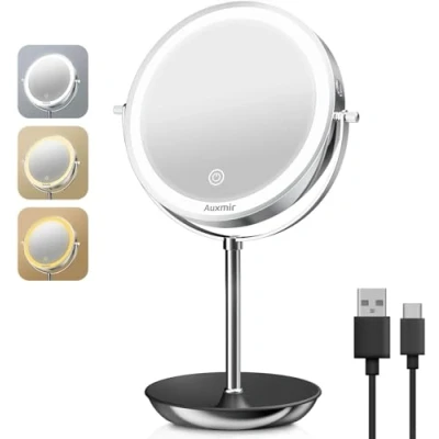 Afbeelding van Auxmir Verlichte make upspiegel, vergroting 1X/10X, tafelspiegel, 3 kleuren, verstelbaar, 1800 mAh, USB oplaadbaar, 360 graden draaibaar, opbergdienblad