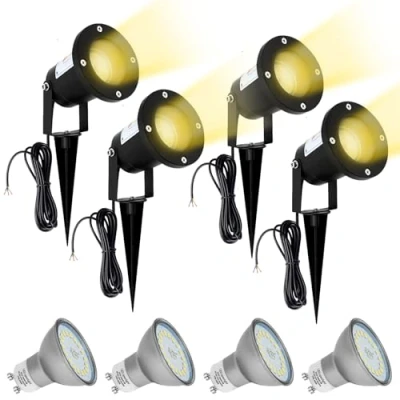 Afbeelding van Wondlumi 4 x led spot, GU10, voor buiten, 5 W, 230 V, waterdicht, IP65, tuin, inclusief lampen, warmwit, terras, pad, struik, planten, terras