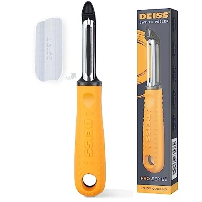 Afbeelding van Deiss PRO Hoogwaardige draaibare groenteschiller van roestvrij staal, scherp met antislip handgreep, aardappeldunschiller voor keuken, fruit, wortelen, appels, groenten (oranje)