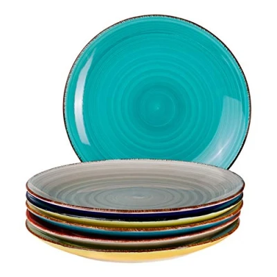 Afbeelding van 6 delige dinerset Malaga kleurrijk serveren plat met de hand beschilderd tweekleurig Ø 27 cm diner aardewerk borden buffet