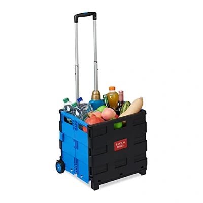 Image de Relaxdays Chariot de courses pliable, poignée, roulettes en caoutchouc, 35 kg, poussette marché, aluminium, bleue