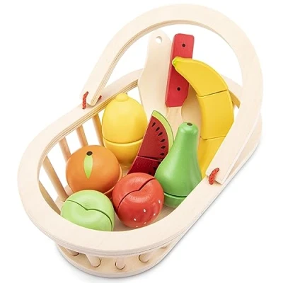 Image de New classic toys 0588 jeu d&#039;imitation cuisine fruits à découper panier en bois 9 pièces