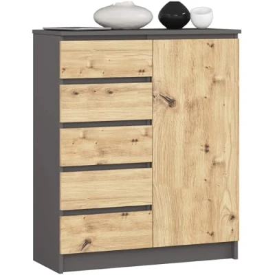 Afbeelding van Grafiet Grijze &amp; Artisan Eik Dressoir K80 1 Deur, 5 Lades, 80cm Breed