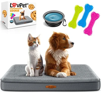 Afbeelding van LovPet® Hondenbed Orthopedisch Hondenkussen Hondenmand Cookie, Incl. Kom + 3X Kauwbotten, Hondenbank voor Kleine, Middelgrote &amp; Grote Honden, Hoes Afneembaar en Wasbaar M (76 x 51 7.6 cm), Antraciet / Grijs