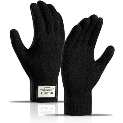 Afbeelding van Warme winterhandschoenen voor heren, touchscreen, magische gebreide handschoenen, rekbaar, dikke winterhandschoenen, zachte fleecevoering, zwart, buiten, één maat,